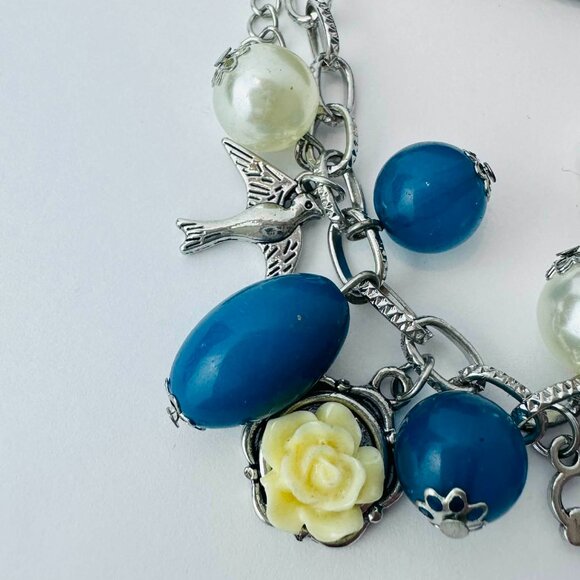 Paparazzi Blue Charm Bracelet – Pearls, Floral Accent & Silver Charms - Picture 3 of 5